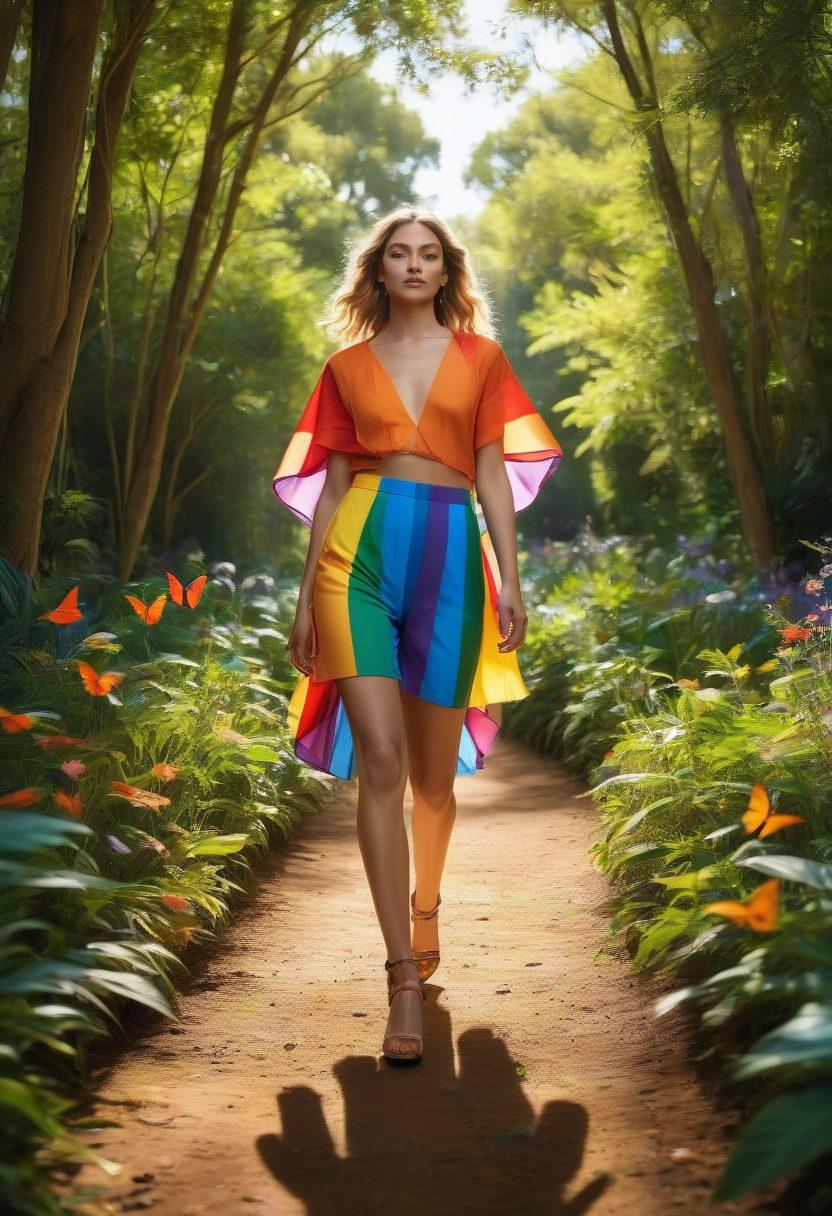 A vibrant runway adorned with a spectrum of colorful rainbow flags, surrounded by lush green plants and flowers, symbolizing the fusion of queer culture and environmentalism. Diverse models of various identities walk confidently, showcasing eco-friendly fashion. The background features a bright sky with gentle sunlight filtering through trees, creating a serene atmosphere. Include elements like butterflies and bees to represent biodiversity. super-realistic. vibrant colors. 3D.