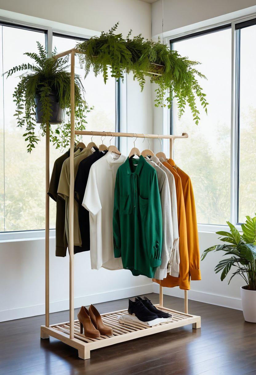 A stylish clothing rack filled with eco-friendly fashion garments in vibrant colors, surrounded by lush green plants symbolizing sustainability. The backdrop showcases a modern, minimalistic interior with natural light streaming in, highlighting the blend of fashion and nature. Include accessories made from recycled materials to emphasize eco-conscious choices. super-realistic. vibrant colors. minimalist design.