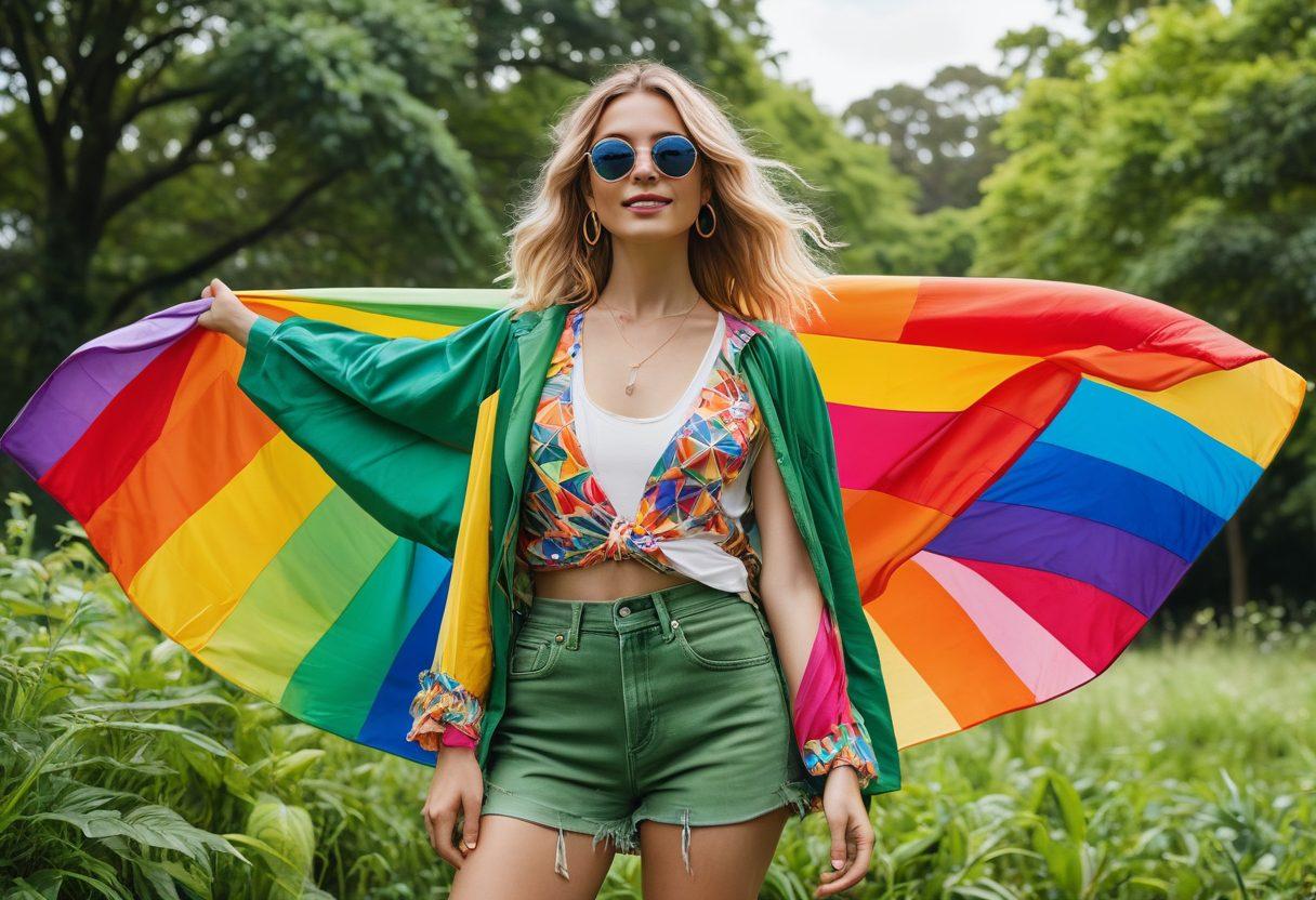 A colorful fashionista in an eco-friendly outfit, radiating confidence while standing in a lush green park filled with rainbow flags. Surround the individual with elements symbolizing sustainability, like recycled materials and plants, blending fashion and nature. The scene should be energetic, capturing the essence of LGBTQ+ pride with vibrant colors and joyful expressions. super-realistic. vibrant colors. white background.